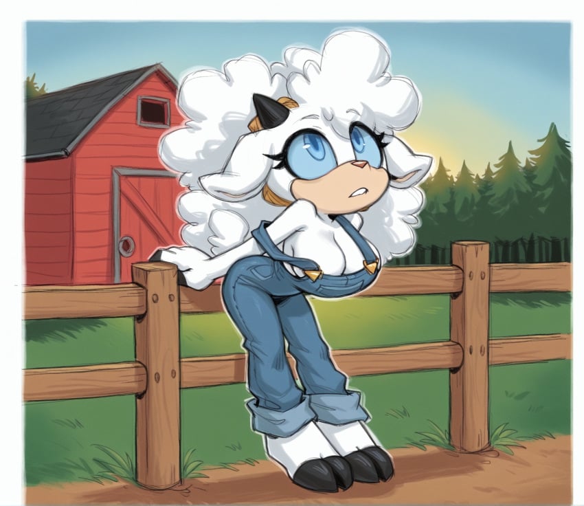 1girls ai ai_generated animal_ears animal_nose anthro big_hair blue_eyes blue_overalls body_fur bonsoirdude bottomwear breasts cleavage clothing cloud day denim farmgirl female fence footwear fur furry furry_female goat_ears goat_girl grass hair hooves horns idw_comics jeans lanolin_the_sheep large_breasts leaning_forward long_hair looking_up mammal naked_overalls outdoors overalls pants parted_lips plant sheep_ears sheep_girl sheep_horns shirt sky solo sonic_(series) sonic_the_hedgehog_(idw) sonic_the_hedgehog_(series) standing strap_slip tail tree white_fur white_hair wooden_fence