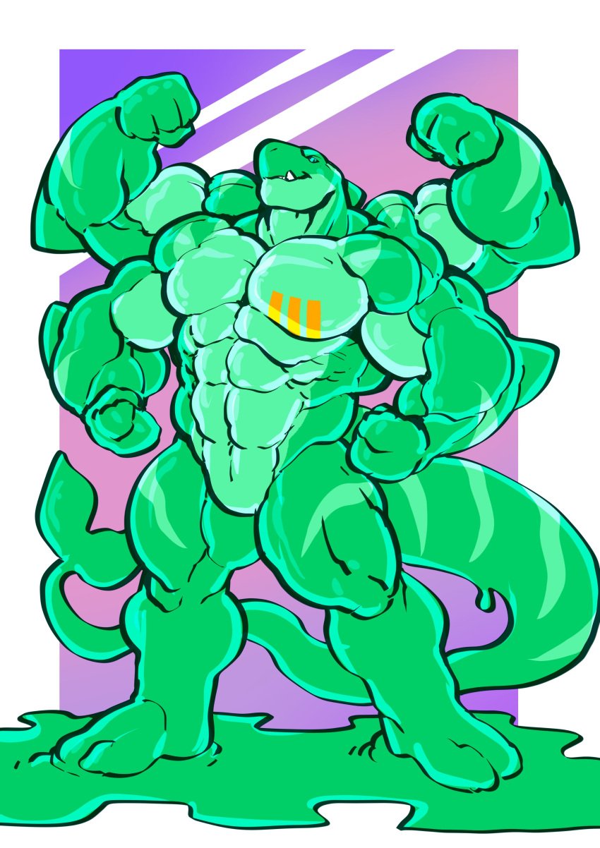 anthro engis_(trencalos) flexing furry goo_creature green_body male male_only markings muscles muscular muscular_male orca_tail shark slime solo solo_focus solo_male stripes tail trencalos