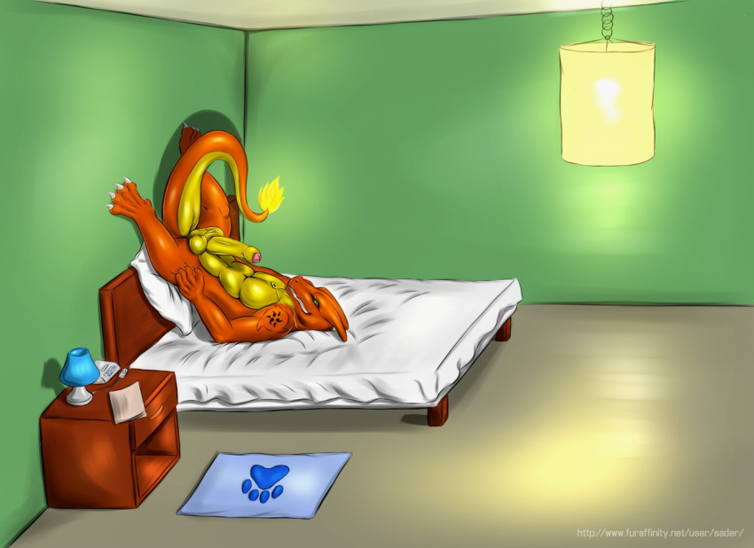 1boy 2012 abs balls bed bedroom biceps charizard charzy_(character) dragon fire looking_at_viewer male male_only muscles necklace nintendo nude paws penis pokemon pokemon_(species) sader scalie solo wingless