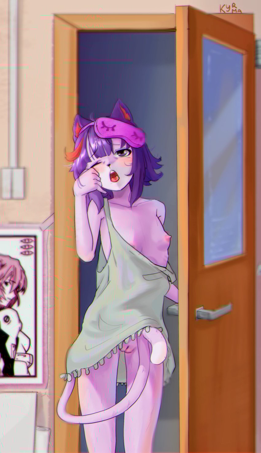 5_fingers absurd_res anthro areola biped breasts cc-by-nc-nd creative_commons domestic_cat door felid feline felis female fingers genitals hair hi_res kyrkyma mammal masyunya_(vkontakte) nekokyrkyma neon_genesis_evangelion nipples one_eye_closed purple_hair pussy rei_ayanami small_breasts solo tail vkontakte