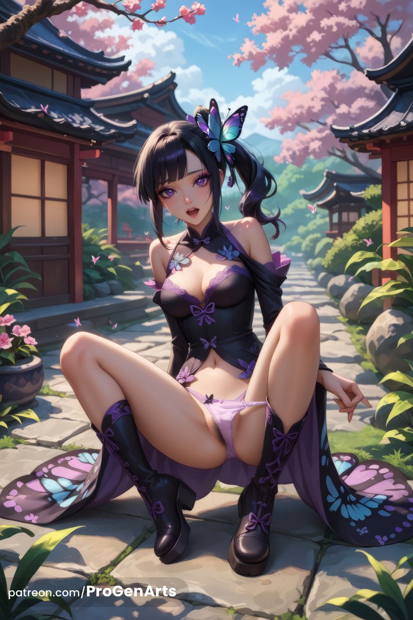 1girls ai_generated animal_print architecture bare_shoulders black_dress black_footwear black_hair boots bow bow_panties breasts bug butterfly butterfly_hair_ornament butterfly_print cherry_blossoms cleavage clothing_cutout day demon_slayer dress east_asian_architecture female full_body hair_ornament hi_res kimetsu_no_yaiba long_hair looking_at_viewer medium_breasts navel open_mouth outdoors panties panty_pull patreon_username plant progenarts purple_eyes purple_panties side_ponytail sky solo spread_legs squatting tree tsuyuri_kanao underwear upper_teeth_only