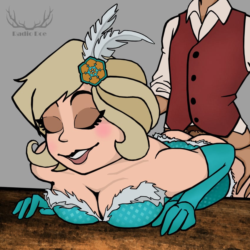 alastor_(hazbin_hotel) bent_over blonde_female blonde_hair breasts closed_eyes dark-skinned_male doggy_style female flapper hazbin_hotel hellaverse human male male/female male_penetrating male_penetrating_female mimzy_(hazbin_hotel) penetration penis showgirl smile waistcoat white-skinned_female