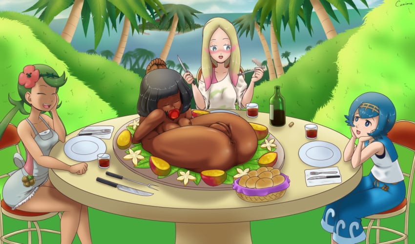 2girls 4girls apple apple_in_mouth arms_behind_back arms_behind_head ass black_hair blush blushed_face blushing_female cannibal cannibalism cooked cooked_alive cooked_person cooking cooking_pan cooking_vore female female/female female_focus female_human female_only fire food fork green_hair gynophagia helpless helpless_female helpless_girl imminent_cannibalism knife legs_tied legs_together legs_up lifting_leg long_hair loser losing_bet losing_consciousness losing_consent losing_control lost_bet lost_clothes lost_in_pleasure mallow_(pokemon) masochism masochist meatgirl oven peach_skin plate plates pokemon pouring_sauce_onto_body presenting presenting_anus presenting_ass presenting_pussy punishment punsished pussy roast roasted roasting sauce secretly_loves_it selene_(pokemon) starfruit_(fruit) thermometer vagina vegetable vegetable_in_ass wager white_body white_skin wine wine_bottle wine_glass wink winking