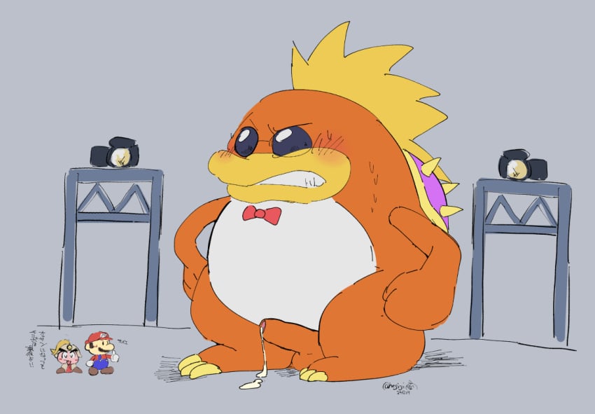 2024 anthro balls blush bodily_fluids bow_tie clubba cum erection facial_hair genital_fluids genitals goomba goombella group grubba human kemono macho_grubba male mammal mario mario_bros moustache negigi nintendo orange_body paper_mario paper_mario:_the_thousand_year_door penis slightly_chubby solo