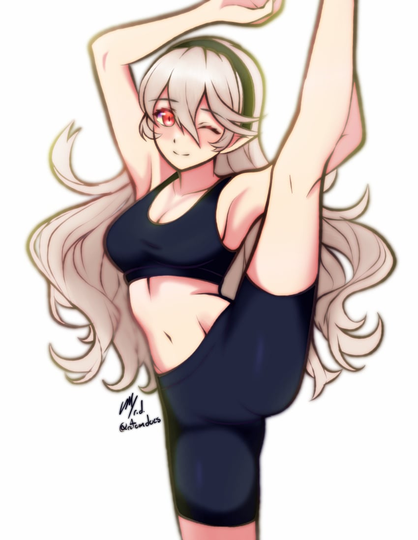 1girls ;) alternate_costume black_hairband cleavage commission corrin_(fire_emblem) corrin_(fire_emblem)_(female) fire_emblem fire_emblem_fates flexibility grey_hair hair_between_eyes hairband high_kicking kick ko-fi_commission leg_lift long_hair looking_at_viewer medium_breasts nintendo one_eye_closed pointy_ears red_eyes rotomdocs sideboob smile split split_kick sportswear standing standing_on_one_leg standing_split