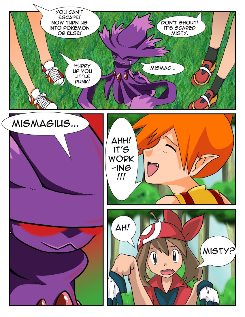 2girls brown_hair comic english_text female female_only human jitenshasw kasumi_(pokemon) may_(pokemon) mismagius multiple_girls nintendo orange_hair pokemon pokemon_(species) pokemon_transformation pokephilia red_eyes text transformation