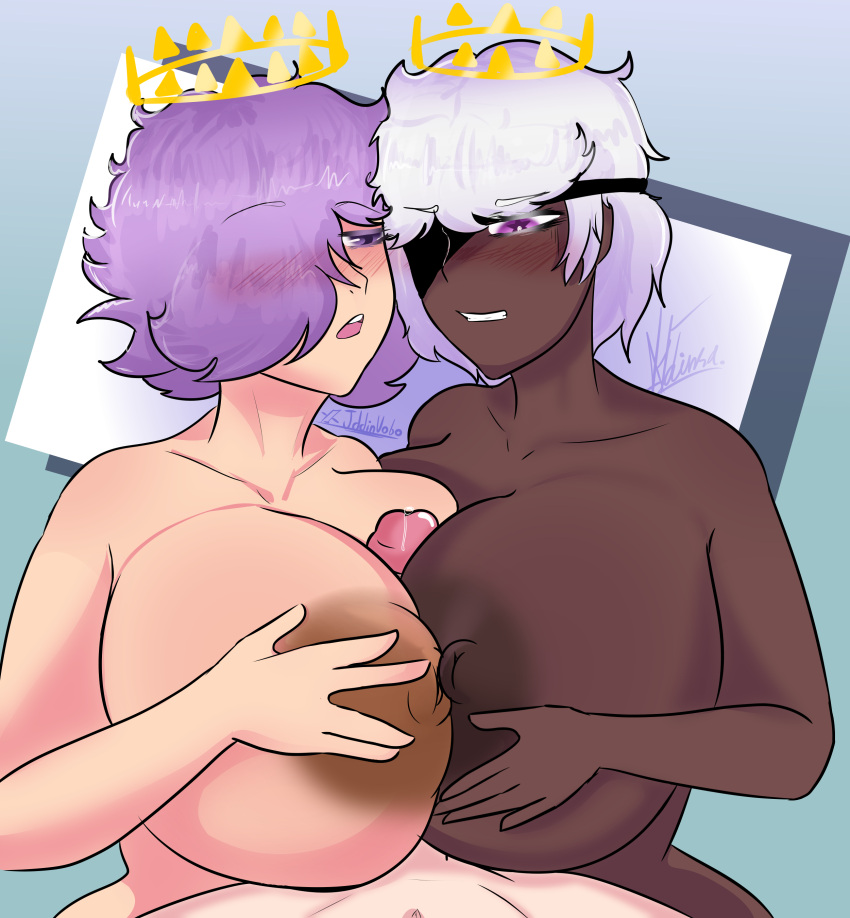1boy 2girls alternate_version_at_source artist_name artist_signature big_breasts big_nipples blush boobjob breasts_bigger_than_head chocolate_and_vanilla collaborative_paizuri crown dark-skinned_female dark_skin double_boobjob engulfing_paizuri eyepatch female female_focus ffm_threesome gigantic_breasts grabbing_own_breast hair_over_one_eye hi_res highres interracial jddinsa large_breasts light-skinned_female light-skinned_male light_skin male male_pov naked naked_female naked_male nipples nude nude_female open_mouth original_character paizuri pov purple_eyes purple_hair short_hair simple_background threesome top_heavy ulstra_(jddinsa) upper_body white_hair zellis_(jddinsa)