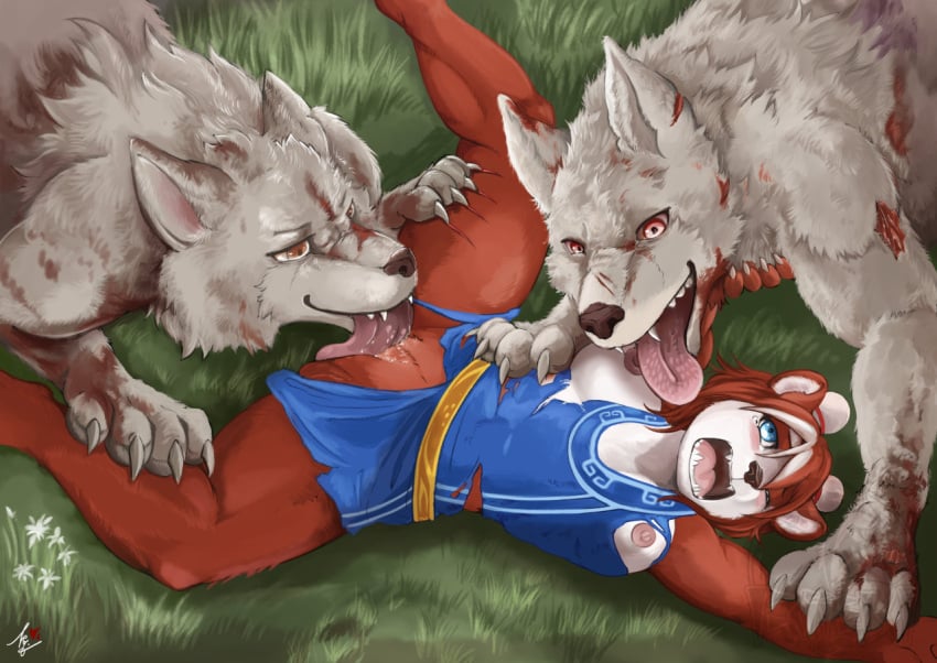 anthro attack baroque_(artist) bear blizzard_entertainment bodily_fluids breast_lick breast_play breasts canid canine canis clothing cunnilingus dress female female_on_feral feral fur genitals grass group hair imminent_rape interspecies licking male male/female mammal nipples open_mouth oral outside pacchi pandaren pinned plant pussy red_pandaren scratches sex spread_legs spreading struggling tears teeth tongue tongue_out torn_clothing trio vaginal_penetration warcraft wolf wounded zoophilia