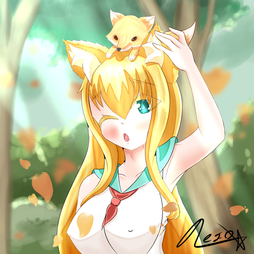 aoi_futaba_(fox) big_breasts blue_eyes female fox_ears fox_girl fox_tail gold_hair gold_tail neith_(artist) sfw
