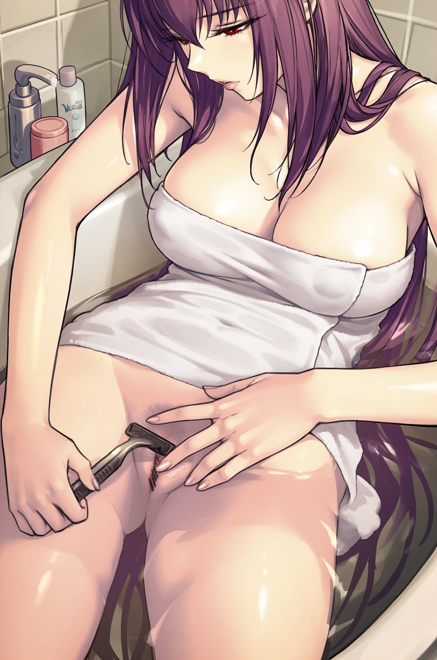 absurdres bathroom bathtub breasts censored dynamitenatalia fate/grand_order fate_(series) female female_pubic_hair highres holding_razor large_breasts lips looking_down pubic_hair purple_hair razor razor_blade red_eyes safety_razor scathach_(fate) shaving shaving_crotch shaving_pussy soap solo towel