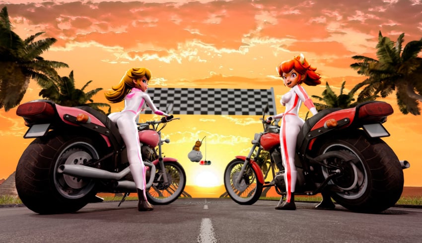 2024 2girls 3d 3d_model 3d_render ass big_ass big_breasts big_butt big_thighs biker biker_clothes biker_girl biker_peach blonde_hair bowsette breasts dat_ass female guinreds horns jumpsuit long_hair looking_at_viewer looking_pleasured mario_(series) mario_kart motorcycle mouth nintendo open_mouth palm_tree pointy_breasts pony_tail ponytail princess_peach race racing racing_suit red_eyes red_hair shiny_ass shiny_breasts shiny_butt shiny_hair shiny_skin sunset thick_thighs thighs white_skin white_skinned_female yellow_hair