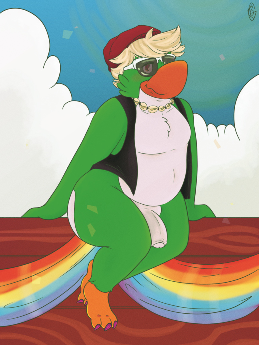 3_toes ankle_tuft anthro ass avian beak belly bird black_clothing black_topwear black_vest blonde_hair cheek_tuft chest_tuft clothing cloud club_penguin colored_nails confetti crossed_ankles eyewear facial_tuft feet flaccid flippers genitals green_body hair hat headgear headwear hi_res ibgross leaning leg_tuft lidded_eyes looking_at_viewer male nails nervous_smile penguin penis petey_k_(club_penguin) pink_nails pinup pose rainbow_banner shell_necklace sky slight_blush solo sunglasses tagme talons toes topwear tuft vest white_belly