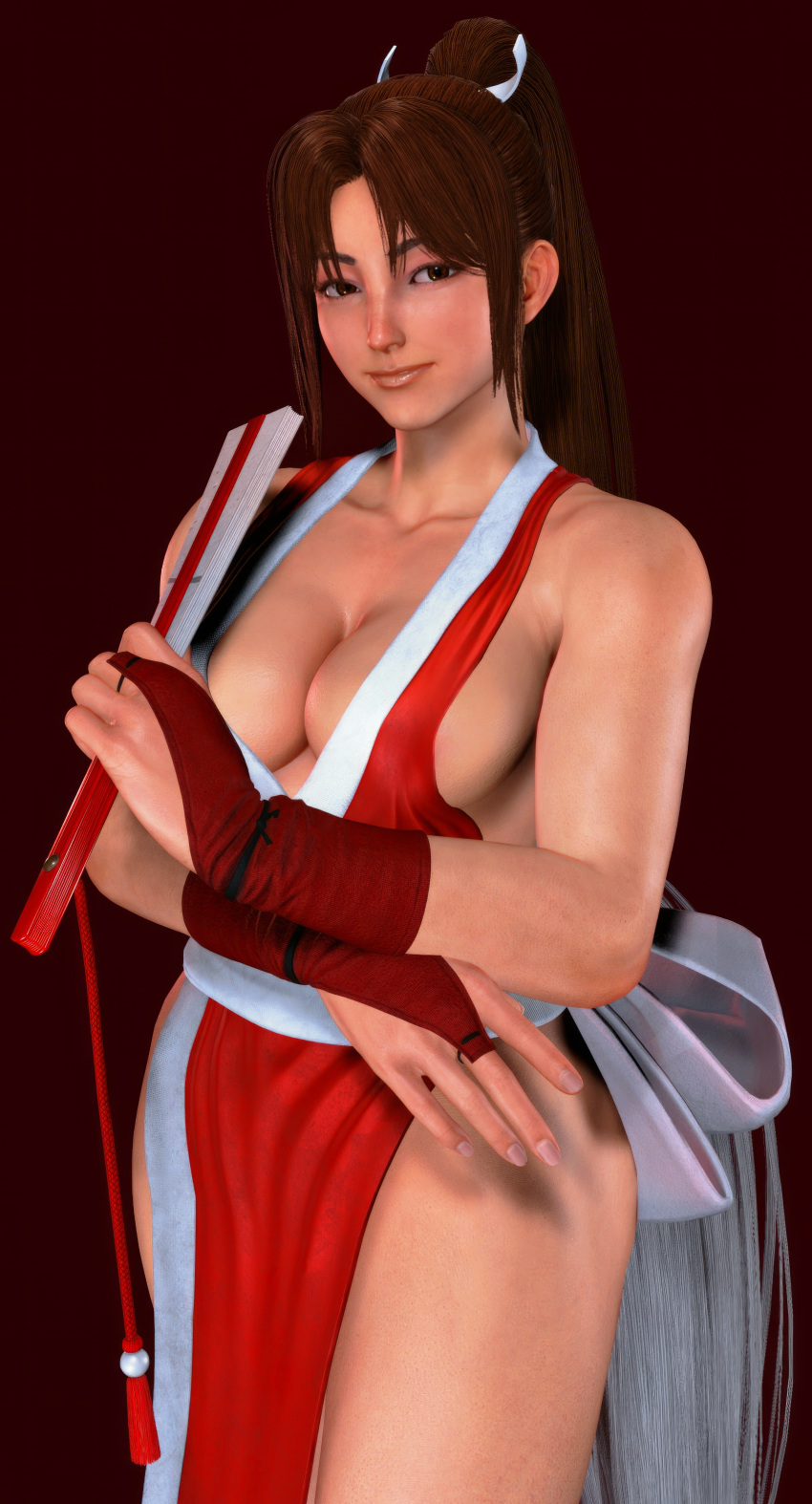 1girls 3d breasts brown_eyes brown_hair brutalace fan fatal_fury female king_of_fighters kunoichi large_breasts long_hair mai_shiranui mod ponytail revealing_clothes screenshotboy96 simple_background smiling_at_viewer snk solo solo_female street_fighter street_fighter_6 tagme