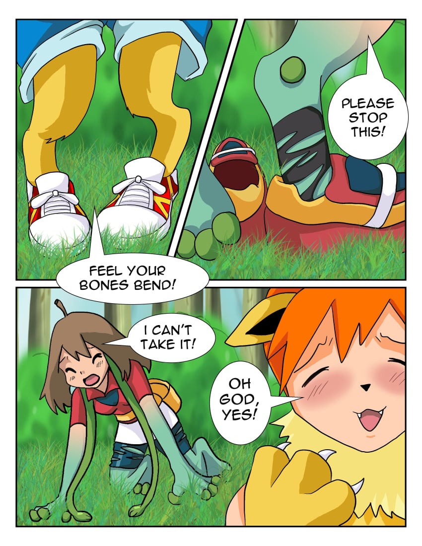 2girls blush brown_hair comic english_text female female_only jitenshasw kasumi_(pokemon) may_(pokemon) multiple_girls nintendo orange_hair pokemon pokemon_transformation pokephilia text transformation