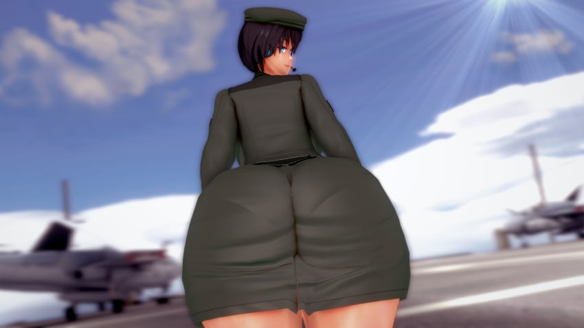 3d 3d_render aircraft ass back_view big_ass blue_eyes from_behind huge_ass kaori_hawagase koikatsu low_angle military original original_character plane solas_(artist)