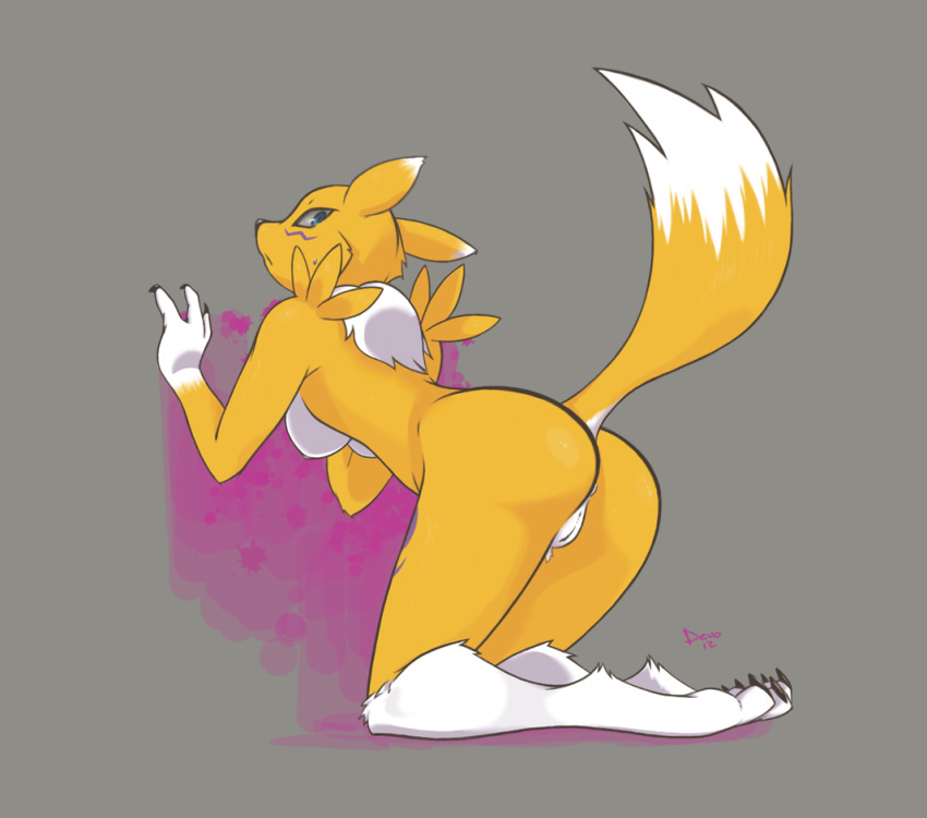 anthro blue_eyes breasts canine devo digimon female fox fur furry looking_at_viewer nipples nude plain_background pointy_ears pussy renamon solo