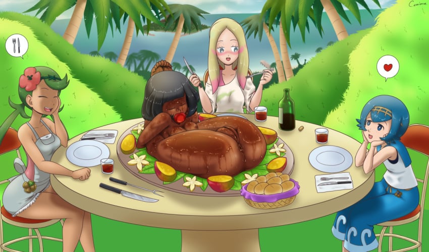 2girls 4girls apple apple_in_mouth arms_behind_back arms_behind_head ass black_hair blush blushed_face blushing_female cannibal cannibalism cooked cooked_alive cooked_person cooking cooking_pan cooking_vore female female/female female_focus female_human female_only fire food fork green_hair gynophagia helpless helpless_female helpless_girl imminent_cannibalism knife legs_tied legs_together legs_up lifting_leg long_hair loser losing_bet losing_consciousness losing_consent losing_control lost_bet lost_clothes lost_in_pleasure mallow_(pokemon) masochism masochist meatgirl oven peach_skin plate plates pokemon pouring_sauce_onto_body punishment punsished pussy roast roasted roasting sauce secretly_loves_it selene_(pokemon) starfruit_(fruit) thermometer vagina vegetable vegetable_in_ass wager white_body white_skin wine wine_bottle wine_glass wink winking