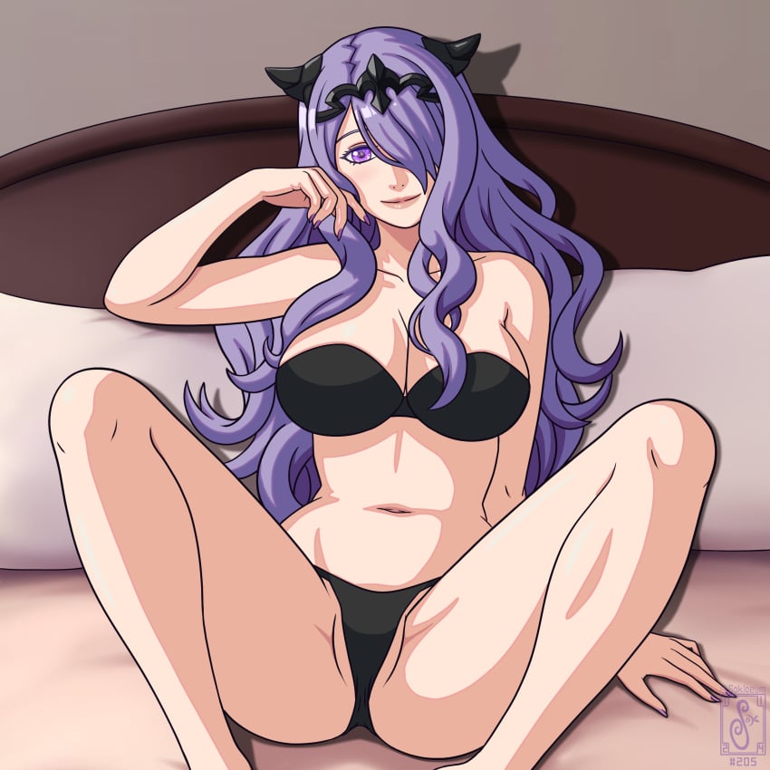 1girls bare_legs bed big_breasts bra breasts camilla_(fire_emblem) cleavage female fire_emblem hair_over_one_eye intelligent_systems lavender_hair nintendo panties pin_up purple_eyes sokloeum