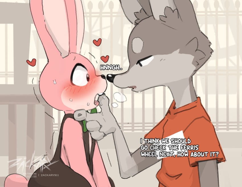 2025 adult_(lore) anthro anthro_on_anthro blush bodily_fluids canid canine clothed clothing dialogue duo english_text fur hi_res lagomorph leporid male male/male mammal open_mouth pink_body pink_fur rabbit robbie_the_rabbit_(silent_hill) sweat text young zackary911