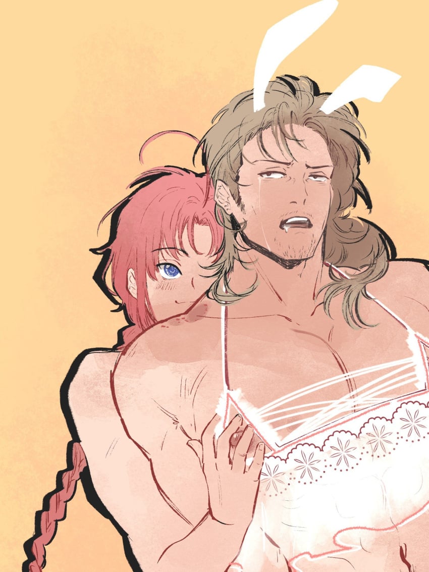 2boys abuto age_difference ahoge bishonen bite_mark bite_marks blue_eyes blush braid braided_hair brown_hair bunny_ears crossdressing crying_with_eyes_open facial_hair from_behind gay gintama halokelincipagi implied_sex kamui_(gintama) lingerie long_hair long_hair_male male male_only manly_crossdresser mature mature_male mullet muscular muscular_male nipples no_visible_genitalia orange_hair smile stubble tears upper_body yaoi younger_dom_older_sub