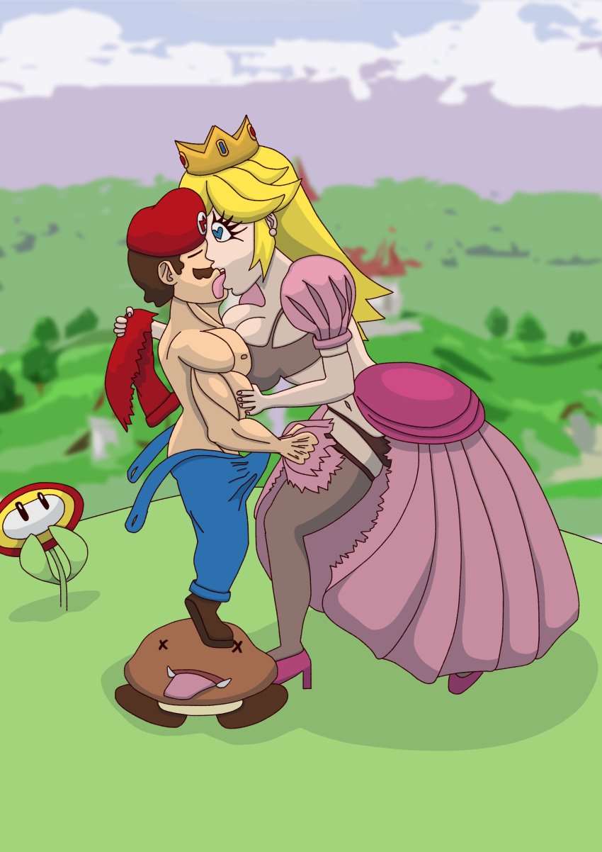 crown dress fire_flower full_color goomba heart-shaped_pupils heart_eyes height_difference kissing licking_mouth lingerie mario mario_(series) nasty_byte pink_dress princess_peach ripping_clothes ripping_clothing