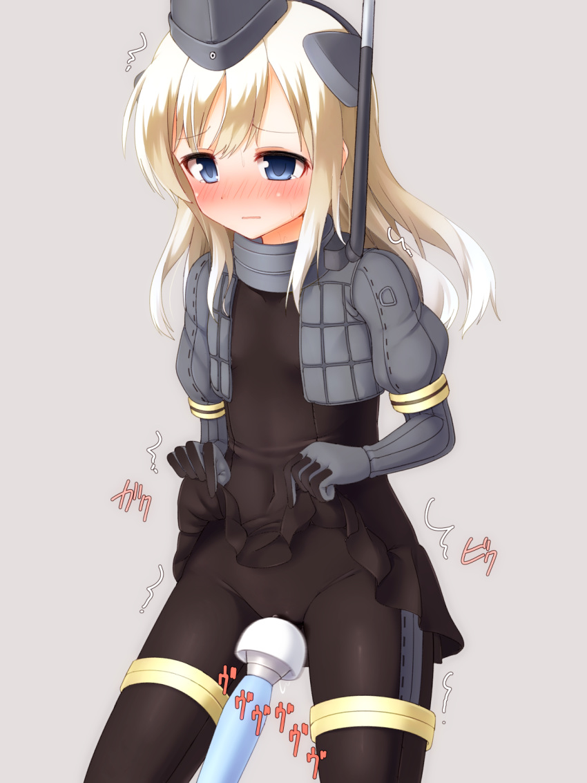 /\/\/\ black_dress black_legwear blonde_hair blue_eyes blush cameltoe covered_navel cowboy_shot cropped_jacket dress dress_lift faubynet female garrison_cap gloves grey_background hat headgear highres hitachi_magic_wand kantai_collection long_hair military military_hat military_uniform open_mouth pantyhose puffy_sleeves pussy_juice simple_background solo u-511_(kantai_collection) uniform vibrator