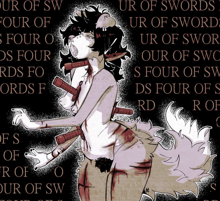 4_fingers absurd_res anthro black_hair black_nails blood blood_on_chest blood_on_weapon blood_spray bodily_fluids breasts canid canine colored_nails combat_knife dying dying_eyes ear_piercing english_text facial_piercing female fingers fluffy fluffy_tail hair hi_res humanoid impalement mammal midizuid monochrome multicolored_body nails navel nipple_piercing nipples nose_piercing nose_ring open_mouth piercing pubes pubic_fuzz restricted_palette ring_piercing saliva saliva_string small_breasts solo tail tears tears_of_pain tears_on_cheek teeth_showing text tongue two_tone_body two_tone_tail weapon weapon_penetration wounded