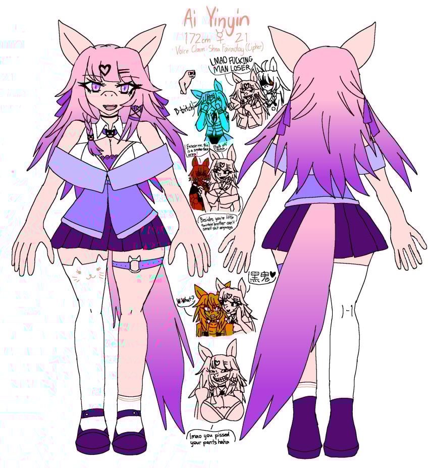 2025 2boys 3girls ai_yinyin_(airiin220) airiin220 big_breasts breasts cleavage cyan_(horse_race_test) cyberairiin_(airiin220) fan_character female horse_ears horse_girl horse_race_tests horse_tail jovial_merryment long_hair male multiple_languages oc open_mouth original_character purple_eyes racism reference_sheet resolute_mind_afternoon skirt superstitional_realism