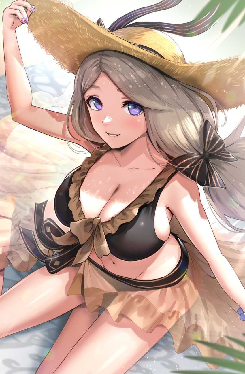 1girls absurdres alternate_costume bare_arms bare_shoulders beach bikini black_bikini black_swimsuit blonde_hair blue_eyes blush breasts cleavage collarbone female female_only fire_emblem fire_emblem:_three_houses fire_emblem_heroes from_above gonzarez grey_hair grin groin hat highres large_breasts long_hair looking_at_viewer looking_up mercedes_von_martritz mercedes_von_martritz_(summer) nail_polish navel nintendo official_alternate_costume palm_tree purple_eyes purple_nails revision sarong see-through shade side_ponytail sideboob sitting skindentation smile solo stomach sun_hat swimsuit thighs towel tree yokozuwari