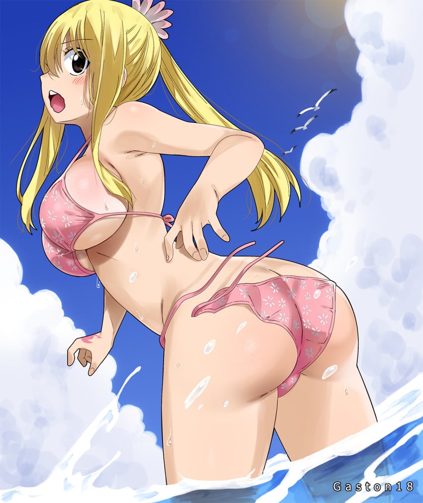 ass ass_cleavage bikini blonde_hair blush breasts brown_eyes butt_crack fairy_tail female female_only gaston18 high_resolution huge_ass huge_breasts large_breasts long_hair lucy_heartfilia ocean partially_submerged pink_bikini ponytail solo swimsuit tied_hair underboob untied_bikini wardrobe_malfunction water