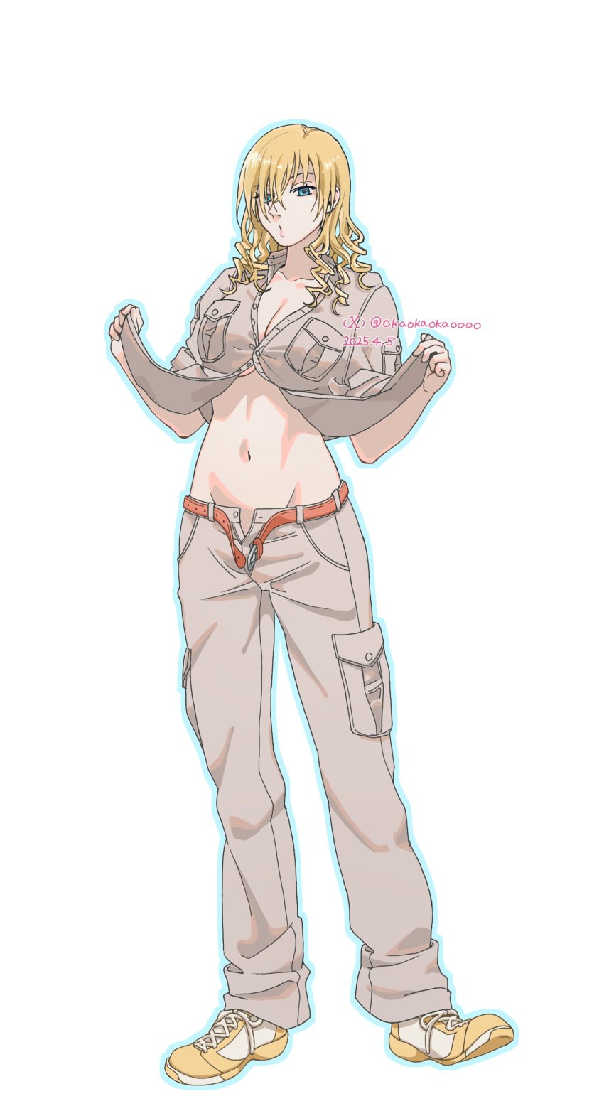 1girls belt big_breasts blonde_hair blue_eyes breast_pocket breasts brown_pants brown_shirt busty cleavage dated drill_hair female female_only full_body hair_over_one_eye highres large_breasts lifted_by_self long_hair looking_at_viewer mature mature_female mature_woman no_bra okaokaokaoooo open_belt open_pants orange_belt oriana_thompson pants partially_unbuttoned pocket puckered_lips sensual sexy shirt solo teasing to_aru_majutsu_no_index voluptuous