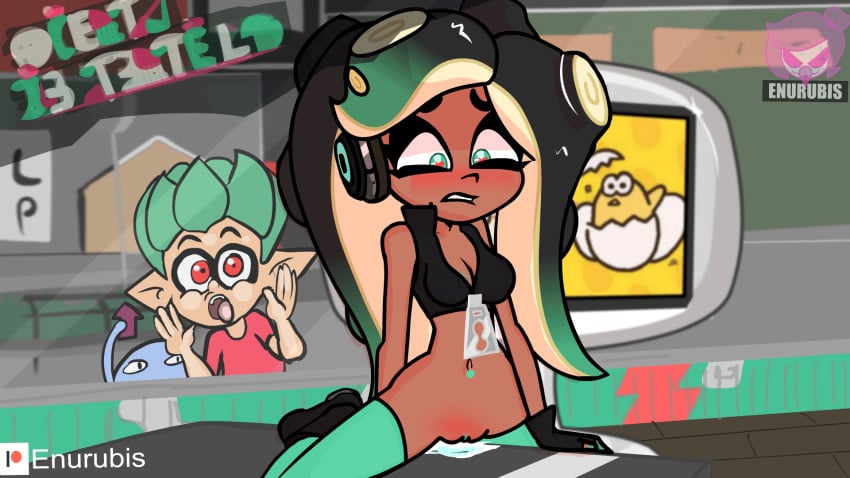 2019 animated blush commission dark-skinned_female dark_skin female green_pussy grinding hi_res inkling marina_(splatoon) masturbation norehana_art octoling pussy solo_focus splatoon splatoon_2