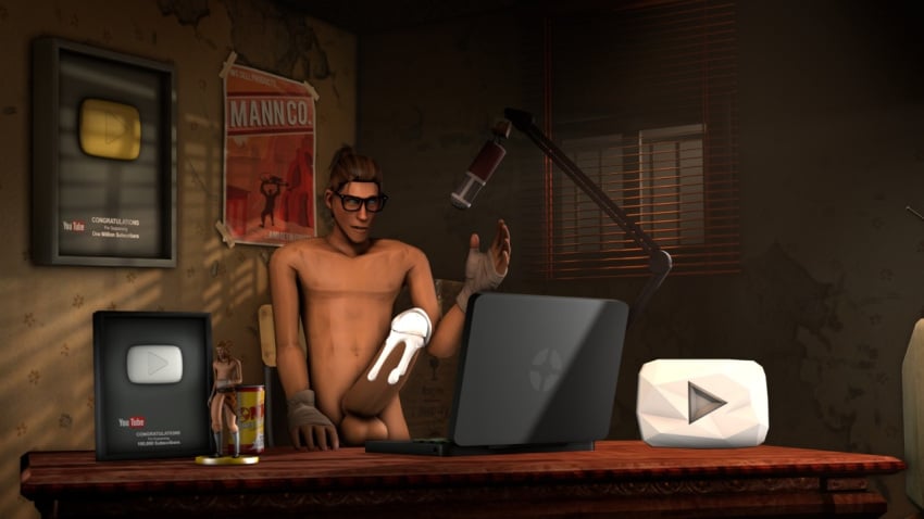 3d balls cum cum_on_penis desk gay glasses huge_balls huge_cock laptop male nerd penis ponytail scout scout_(team_fortress_2) scoutfun team_fortress_2 youtuber_boy