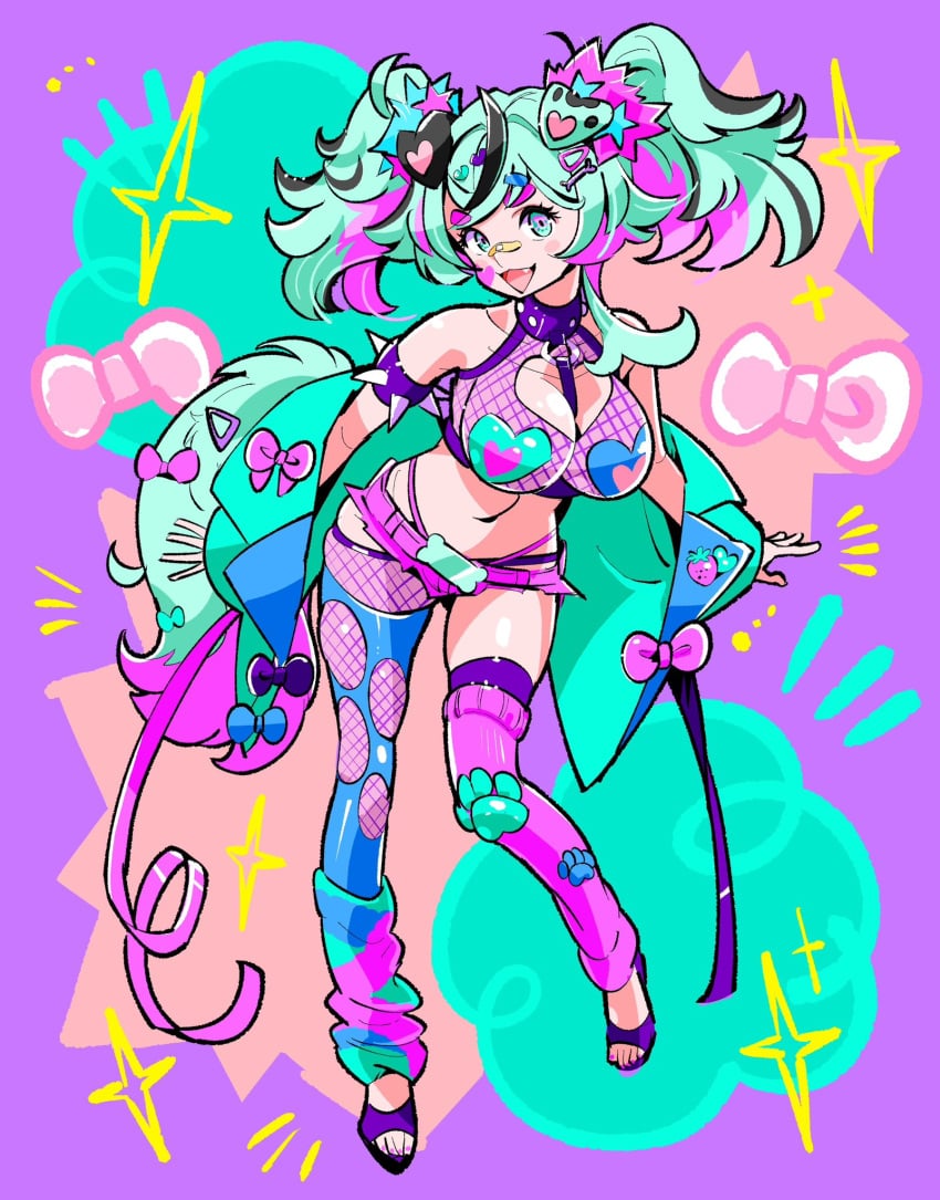 blue_hair cleavage_cutout dog_girl fishnets full_body green_eyes heart_cutout heterochromia hunikin large_breasts navel pruple_background ribbons skindentation twintails yumi_423