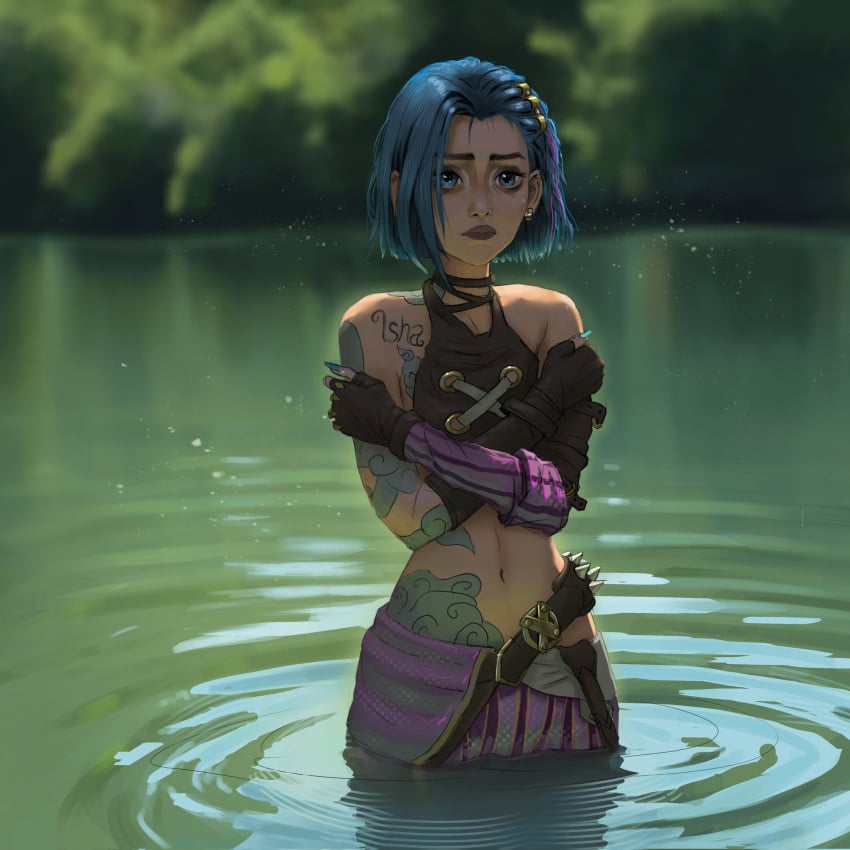 1girl arcane arcane_jinx arm_tattoo bare_shoulders blue_hair breasts cloud_tattoo commentary crop_top crossed_arms fingerless_gloves gloves highres jinx_(league_of_legends) josival josivalart league_of_legends looking_at_viewer navel netflix official_alternate_hair_length official_alternate_hairstyle pants pink_eyes riot_games shoulder_tattoo solo striped_clothes striped_pants tagme tattoo wading wat