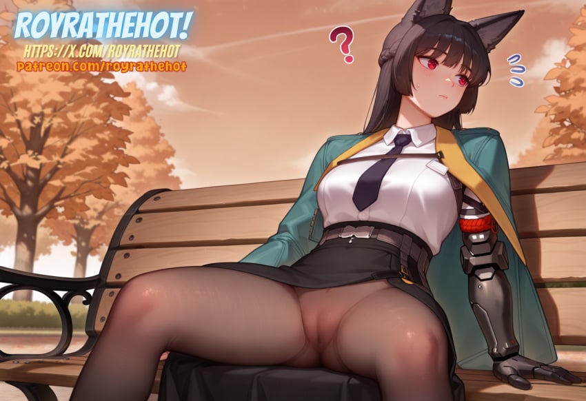 ai_generated black_hair cameltoe clothed confused distracted fluffy_ears fox_ears fox_girl golden_hour hoshimi_miyabi light-skinned_female light_skin long_hair pantyhose park park_bench red_eyes royrathehot thiren watermark wooden_bench zenless_zone_zero