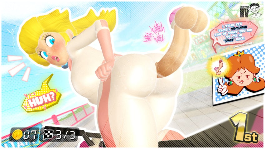 16:9 2girls 3d 3d_(artwork) ass big_ass big_balls big_butt big_penis blonde_hair blue_eyes comedy fat_ass highv0ltage mario_(series) mario_kart nintendo princess_daisy princess_peach reference_image sfm shocked smirk source_filmmaker steam steaming_body steamy steamy_breath steamy_penis straight super_mario_bros. text text_box wet wet_body wet_clothes wet_skin