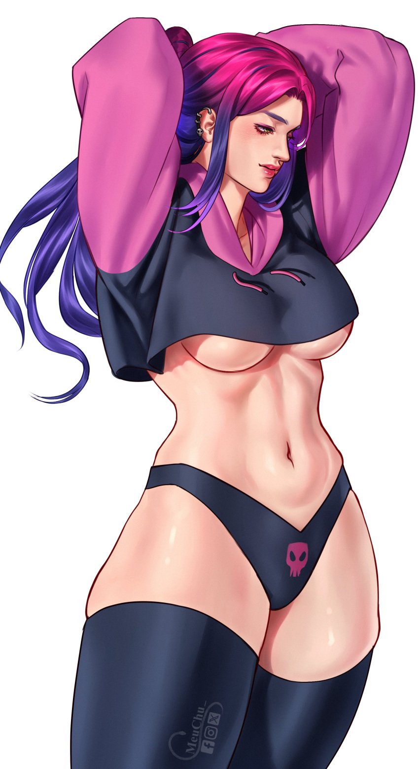 1girls arms_behind_head gradient_hair hoodie long_hair meuchu obey_me!_one_master_to_rule_them_all panties standing thirteen_(obey_me) underboob