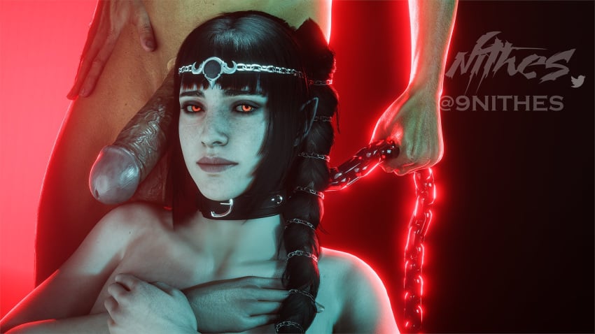 1boy 1boy1girl 1girls 3d 3d_(artwork) baldur&#039;s_gate baldur&#039;s_gate_3 big_penis blender chained chained_collar chained_up collar corrupted corruption hiding_breasts image looking_at_viewer nithes red_eyes shadowheart shadowheart_(baldur&#039;s_gate)