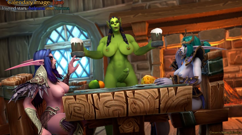 1futa 2girls 3d barmaid dreamswarart futanari night_elf orc_(warcraft) surprised world_of_warcraft