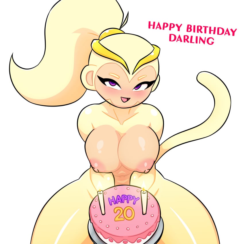 1girls adora_(bloons_tower_defense) anthro birthday_cake bloons_tower_defense breasts cake female female_only large_breasts looking_at_viewer monkey monkey_girl nipples nude open_mouth paradisestarsbs primate simple_background smile text thick_thighs white_background white_fur wide_hips