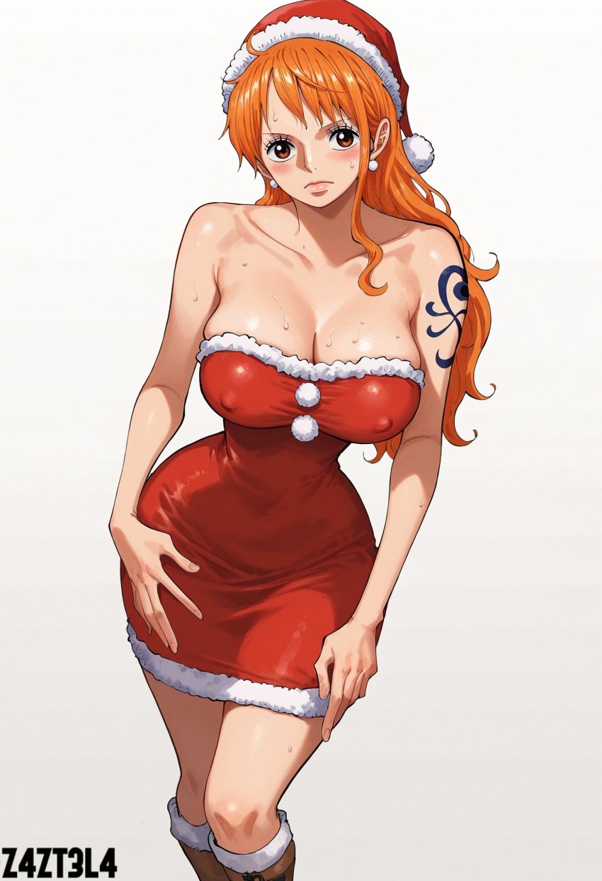 ai_generated alluring ass big_ass big_breasts blush breasts brown_eyes christmas christmas_clothing christmas_hat christmas_headwear christmas_outfit cleavage earrings female female_only femaleseduction long_hair looking_at_viewer naked nami nami_(one_piece) nude one_piece orange_hair red_outfit revealing_clothes santa santa_hat santa_outfit seductive seductive_body seductive_eyes short_dress teasing z4zt3l4