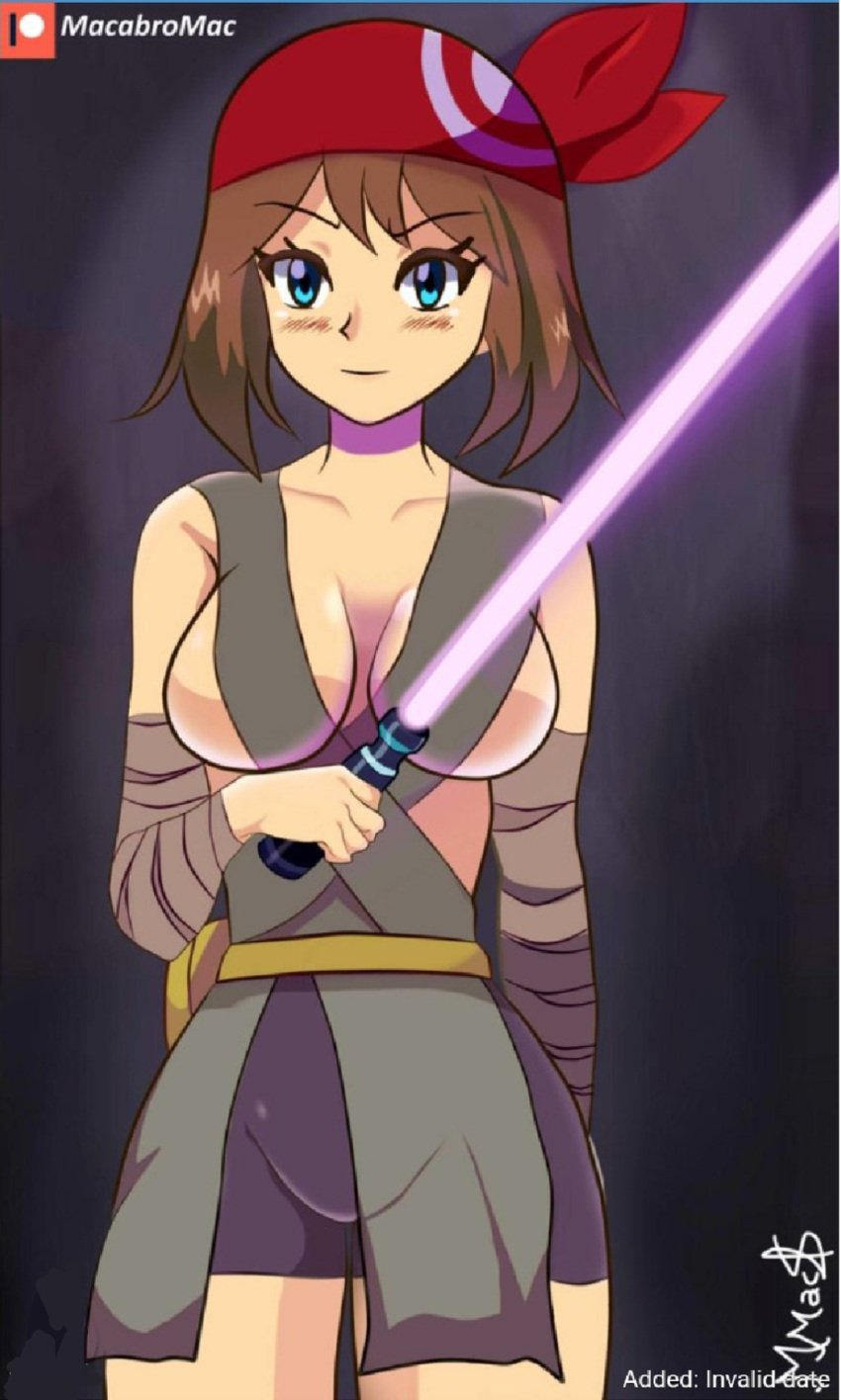 breasts brown_eyes brown_hair haruka_(pokemon) jedi lightsaber macabromac may_(pokemon) pokemon purple_lightsaber red_bandana rey_(cosplay) star_wars