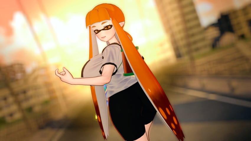 fully_clothed inkling inkling_girl koikatsu large_ass large_breasts looking_at_viewer looking_back river_rock shorts splatoon