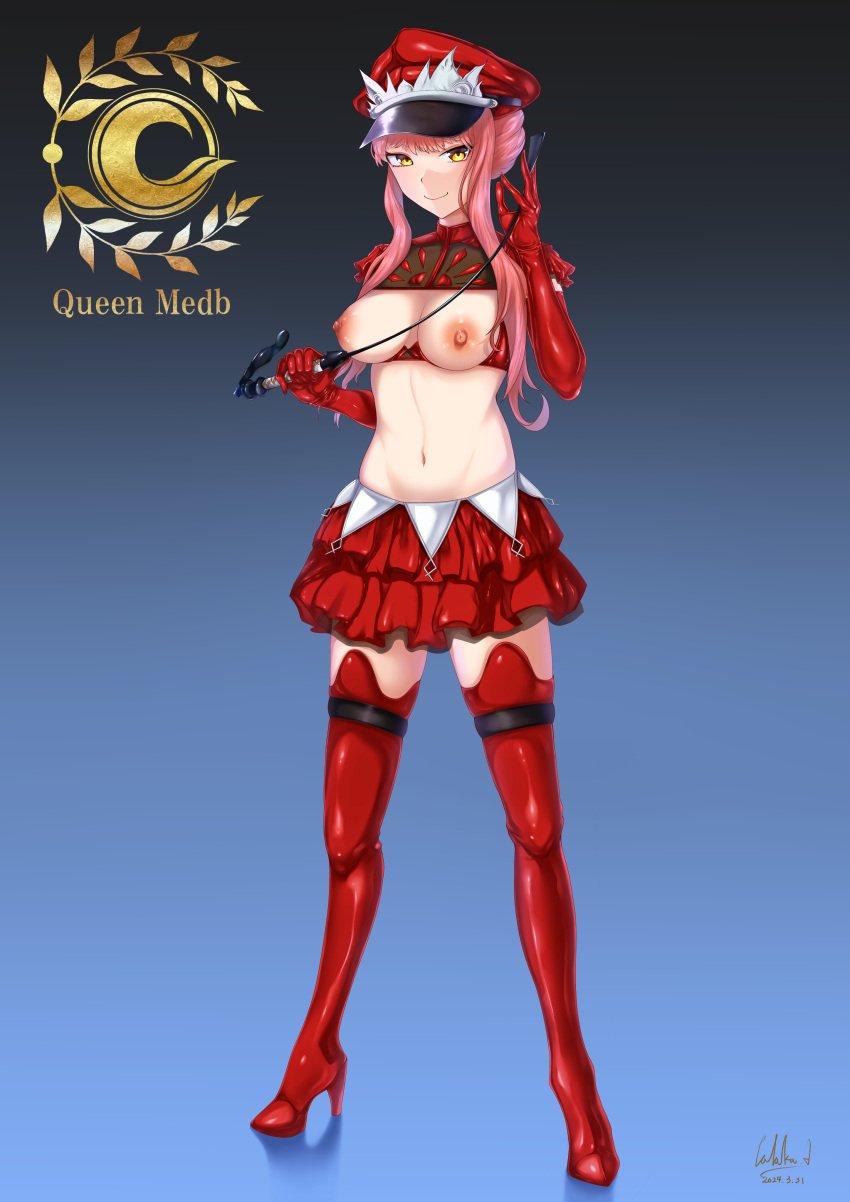 1girls absurdres azumaya_talaka boots breasts breasts_out elbow_gloves fate/grand_order fate_(series) gloves hat high_heel_boots high_heels highres holding holding_riding_crop holding_whip long_hair looking_at_viewer medb_(alluring_chief_warden_look)_(fate) medb_(fate) medium_breasts miniskirt navel nipples peaked_cap pink_hair red_footwear red_gloves red_skirt riding_crop sidelocks skirt smile solo taraka1880 thigh_boots yellow_eyes