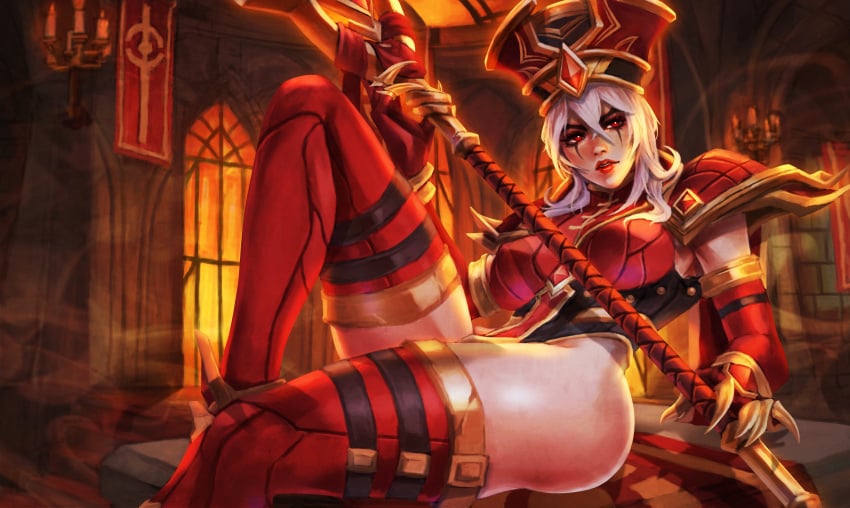 1girls absurd_res altar ass banner blizzard_entertainment breasts candles claw_(weapon) clawed_fingers curvy eyeliner female female_only hair_between_eyes hat hi_res highres human human_(warcraft) human_(world_of_warcraft) human_female large_breasts lipstick long_hair monorirogue pauldrons red_eyes red_gloves red_headwear red_lips red_thighhighs sally_whitemane scarlet_crusade scarlet_monastery shoulder_armor sitting solo solo_female staff thick_thighs thigh_high_boots thighs white_hair wide_sleeves world_of_warcraft