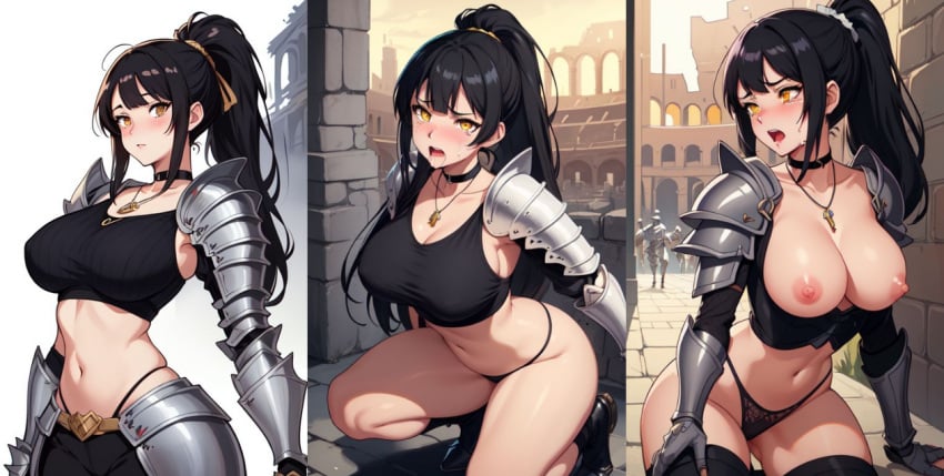 ai_generated armor black_hair breasts choker crop_top crying nipples open_mouth ponytail thong yellow_eyes