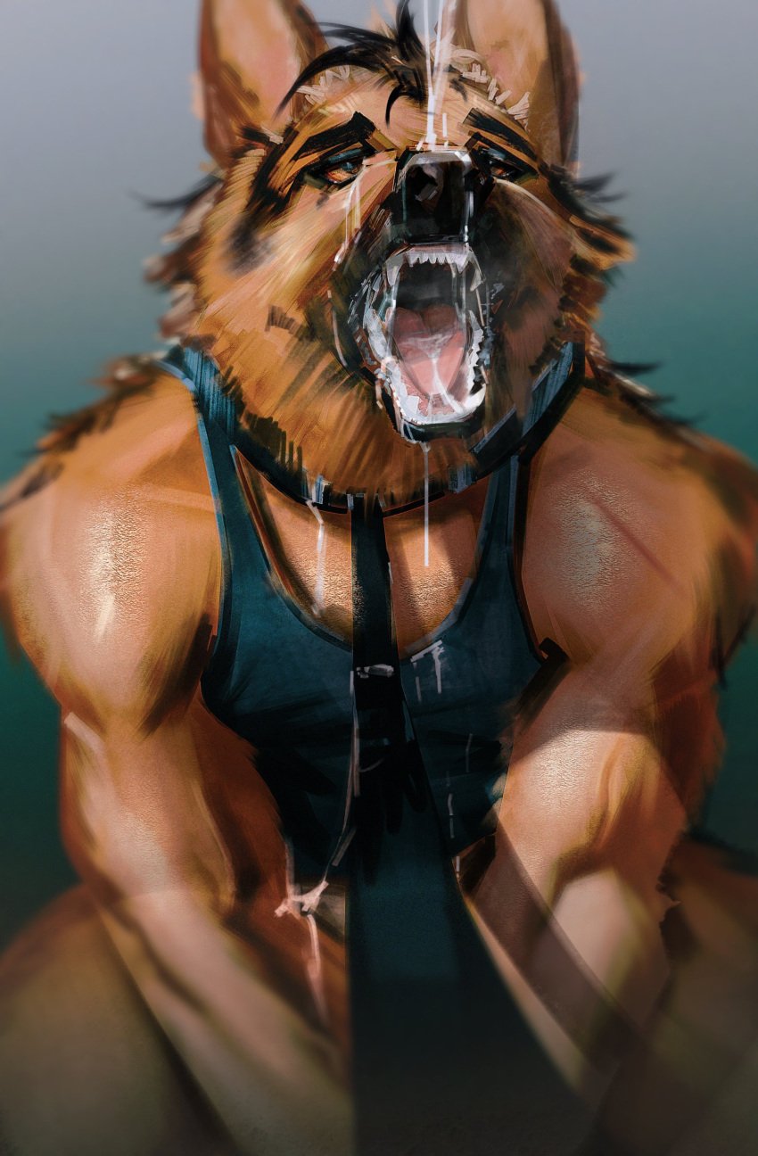 absurd_res ambiguous_fluids anthro black_nose blue_clothing blue_shirt blue_tank_top blue_topwear bodily_fluids bondage brown_body brown_fur canid canine canis clothing collar cum cum_drip cum_in_mouth cum_inside cum_on_face domestic_dog drinking dripping fangs first_person_view fluid_on_face fur genital_fluids german_shepherd herding_dog hi_res leash leash_collar leashed_male leashed_pov looking_up male male_anthro mammal muscular muscular_anthro muscular_male open_mouth pastoral_dog pecs petplay pointy_ears roleplay saliva saliva_on_tongue saliva_string shaded sharp_teeth shirt solo submissive submissive_male tank_top teeth tongue toothlee topwear