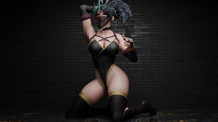 3d 4k akali akali_jhomen_tethi black_hair bunny_ears gloves highres league_of_legends leotard mask phone red_eyes ruined_akali ryanreos seductive selfie stockings woudlwonker819