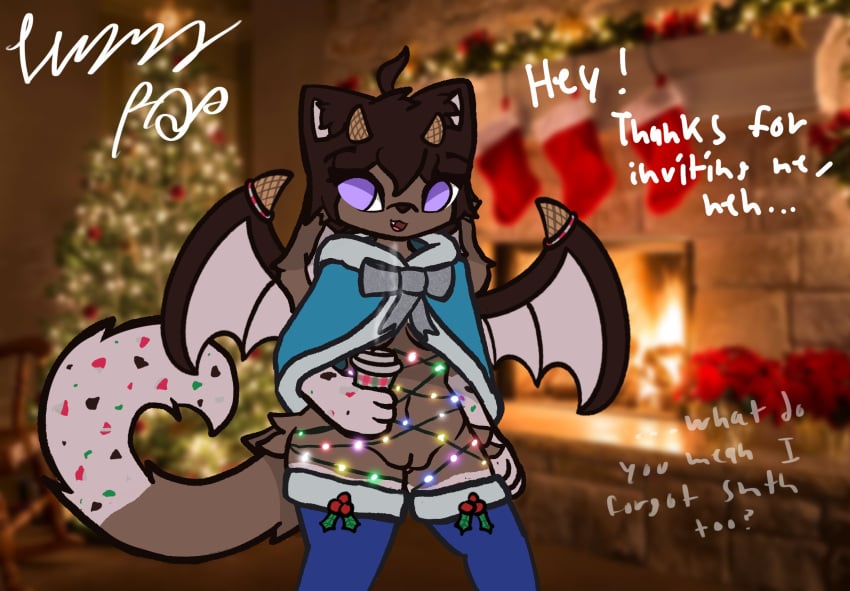 4_ears anthro blue_clothing bottomless breasts brown_body brown_fur candy candy_cane candy_fizzy_(fizzy_pop) canid canine christmas christmas_clothing christmas_lights clothed clothing coffee_cup container cup dessert dragon felid feline female fizzy_pop_ex food food_creature fur furred_dragon furred_scalie genitals hi_res holidays horn hybrid legwear mammal mistletoe multi_ear mythological_creature mythological_scalie mythology peppermint_(candy) plant plump_labia purple_eyes pussy ribbons scalie solo sprinkles tail thigh_highs under_boob white_body white_fur wings